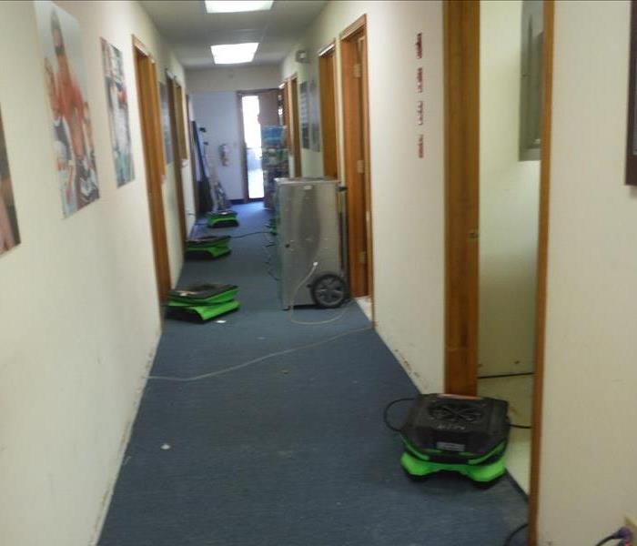 office hallway with blue carpet and fans setup