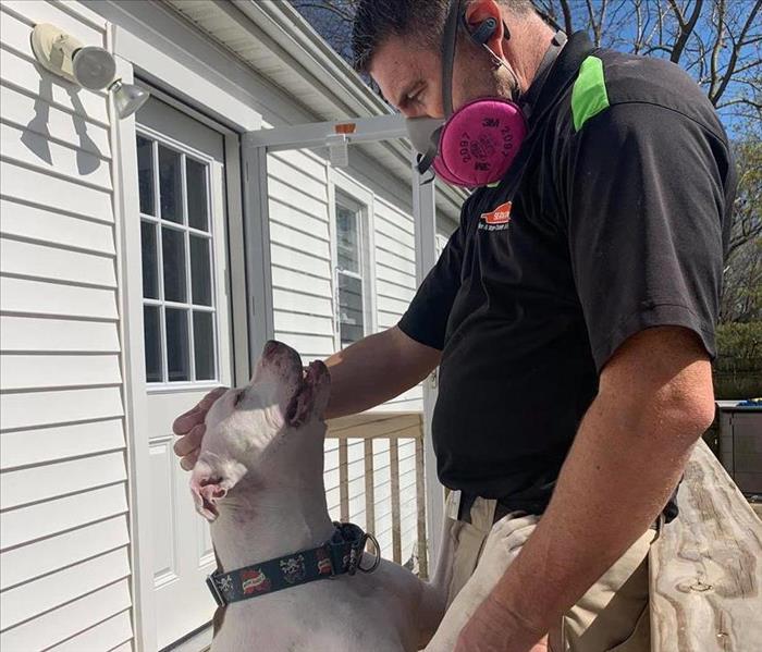 Picture of Roldand from SERVPRO of Toms River petting a big white dog at a customer's home in Brick, NJ 