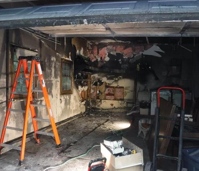 A garage with fire damage. 