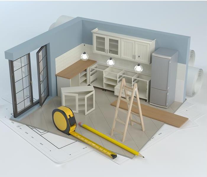 Model depicting ladder, measuring tape in a kitchen remodel setting