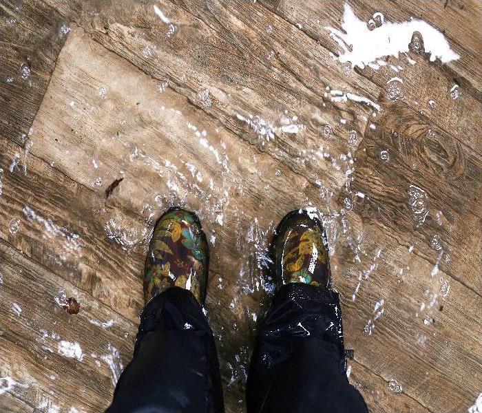Waterproof Boots Standing in a Flooded House with Vinyl Wood Floors